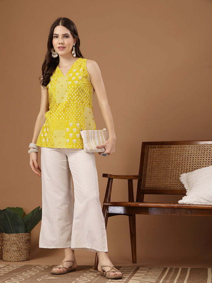 Yellow Geometric Printed Rayon Straight Top