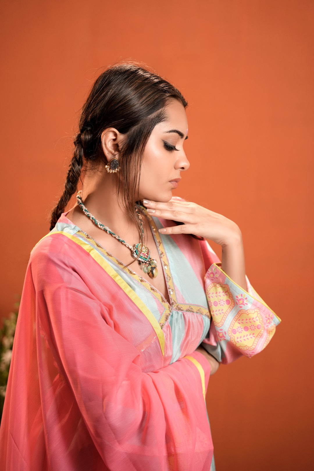 Sky-Blue-&-Pink-Silk-Blend-Printed-3-Piece-Kurta-Set
