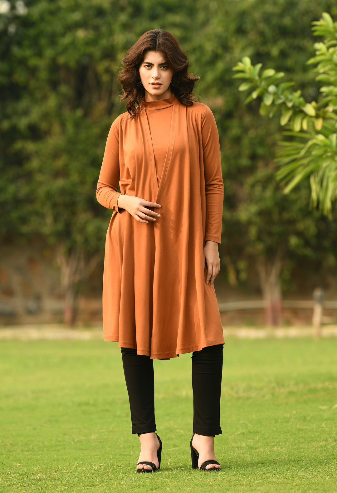 Tan-Brown-Cotton-Blend-Bravery-Knee-Length-Shrug