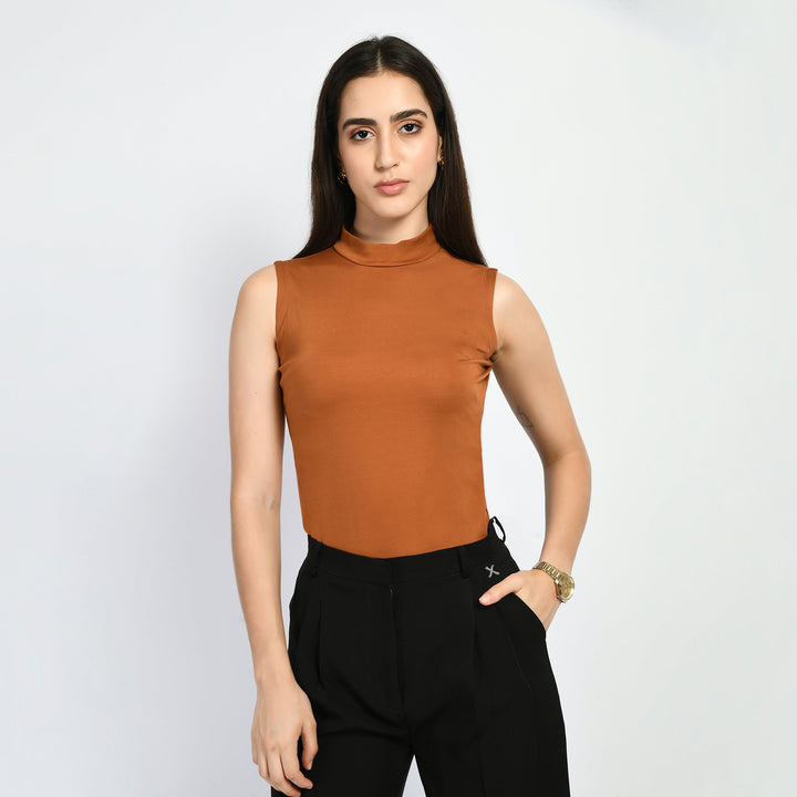 Tan-Brown-Cotton-Blend-Charm-High-Neck-Sleeveless-T-Shirt