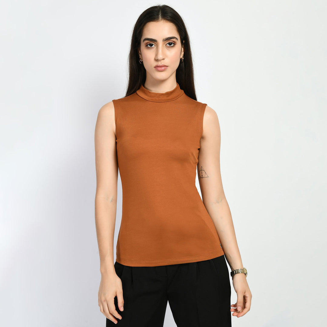 Tan-Brown-Cotton-Blend-Charm-High-Neck-Sleeveless-T-Shirt