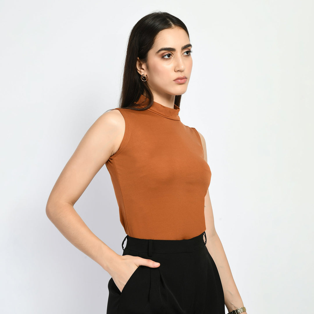 Tan-Brown-Cotton-Blend-Charm-High-Neck-Sleeveless-T-Shirt