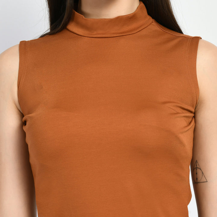 Tan-Brown-Cotton-Blend-Charm-High-Neck-Sleeveless-T-Shirt