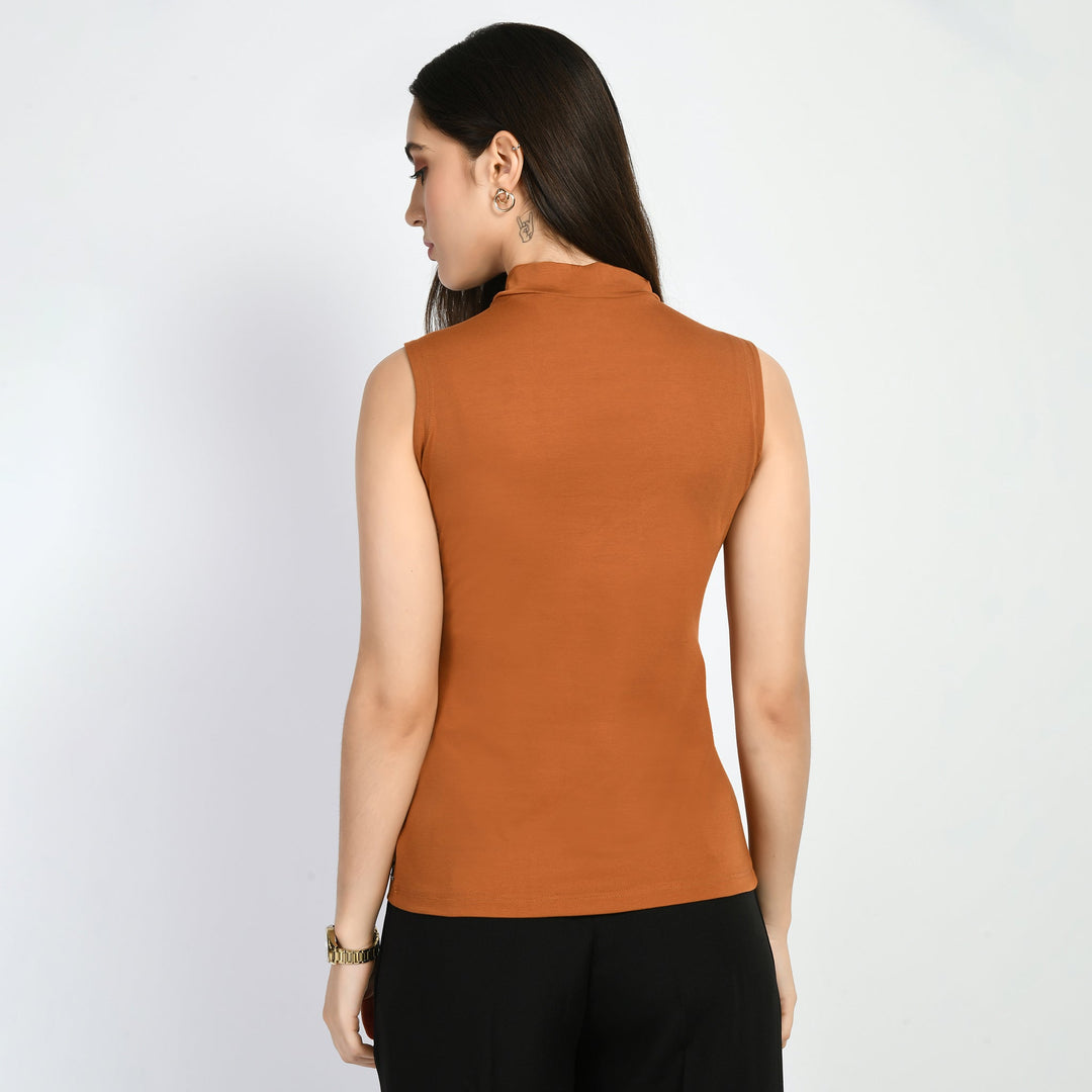 Tan-Brown-Cotton-Blend-Charm-High-Neck-Sleeveless-T-Shirt