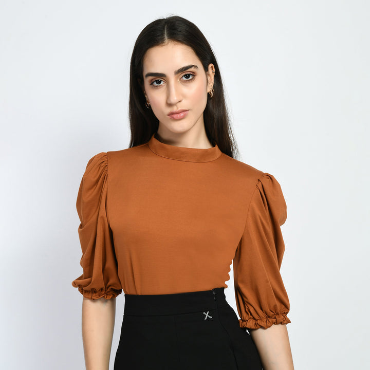 Tan-Brown-Cotton-Blend-Glamour-Puffed-Sleeves-T-Shirt