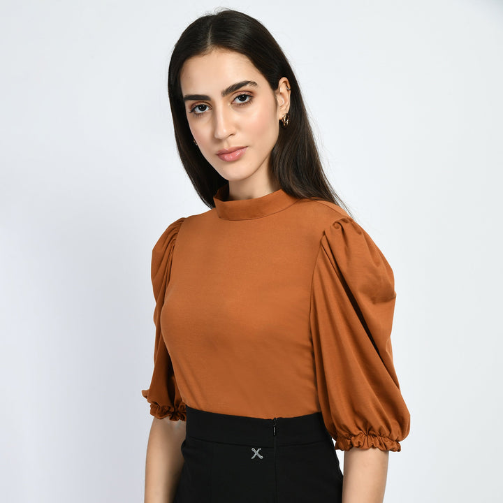 Tan-Brown-Cotton-Blend-Glamour-Puffed-Sleeves-T-Shirt