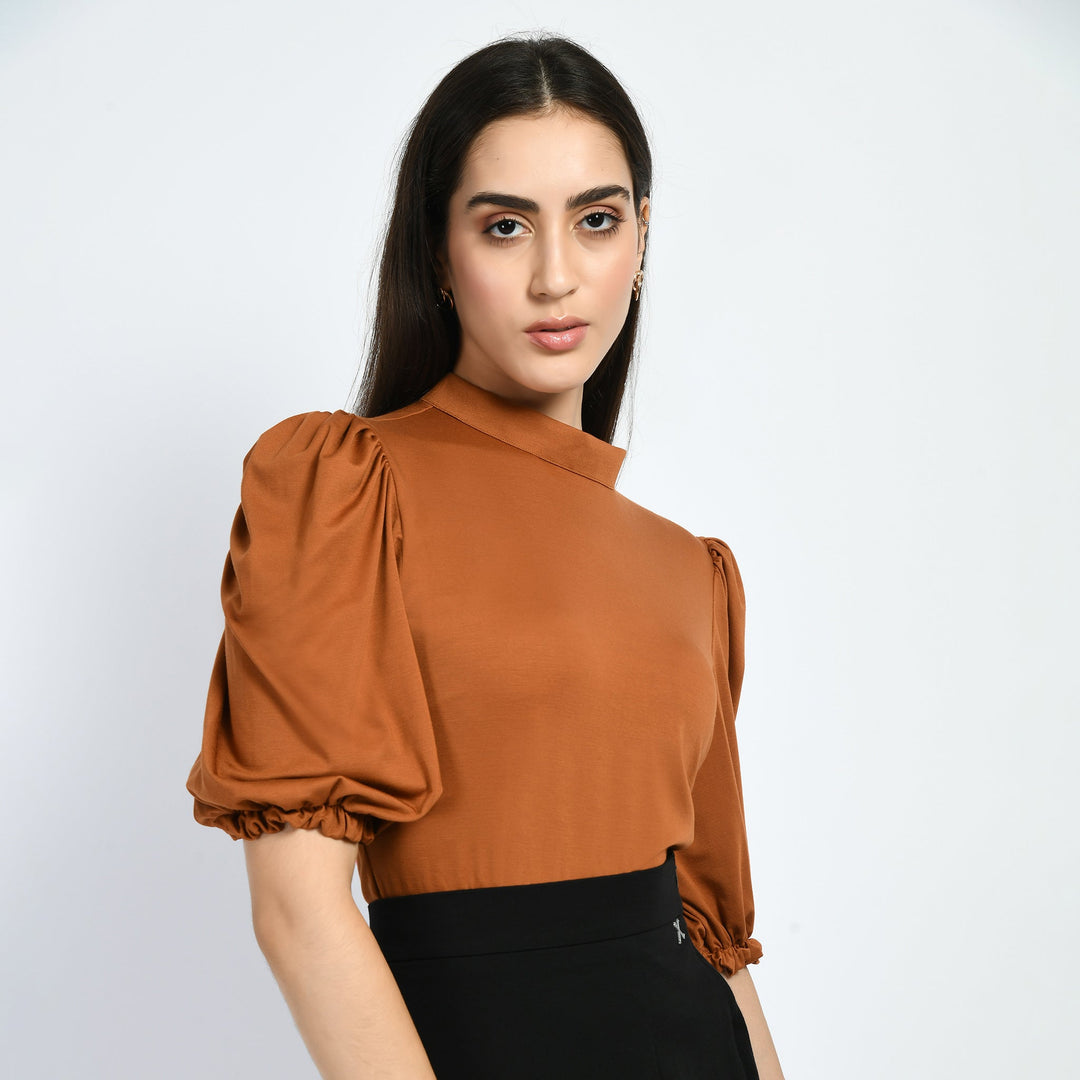 Tan-Brown-Cotton-Blend-Glamour-Puffed-Sleeves-T-Shirt