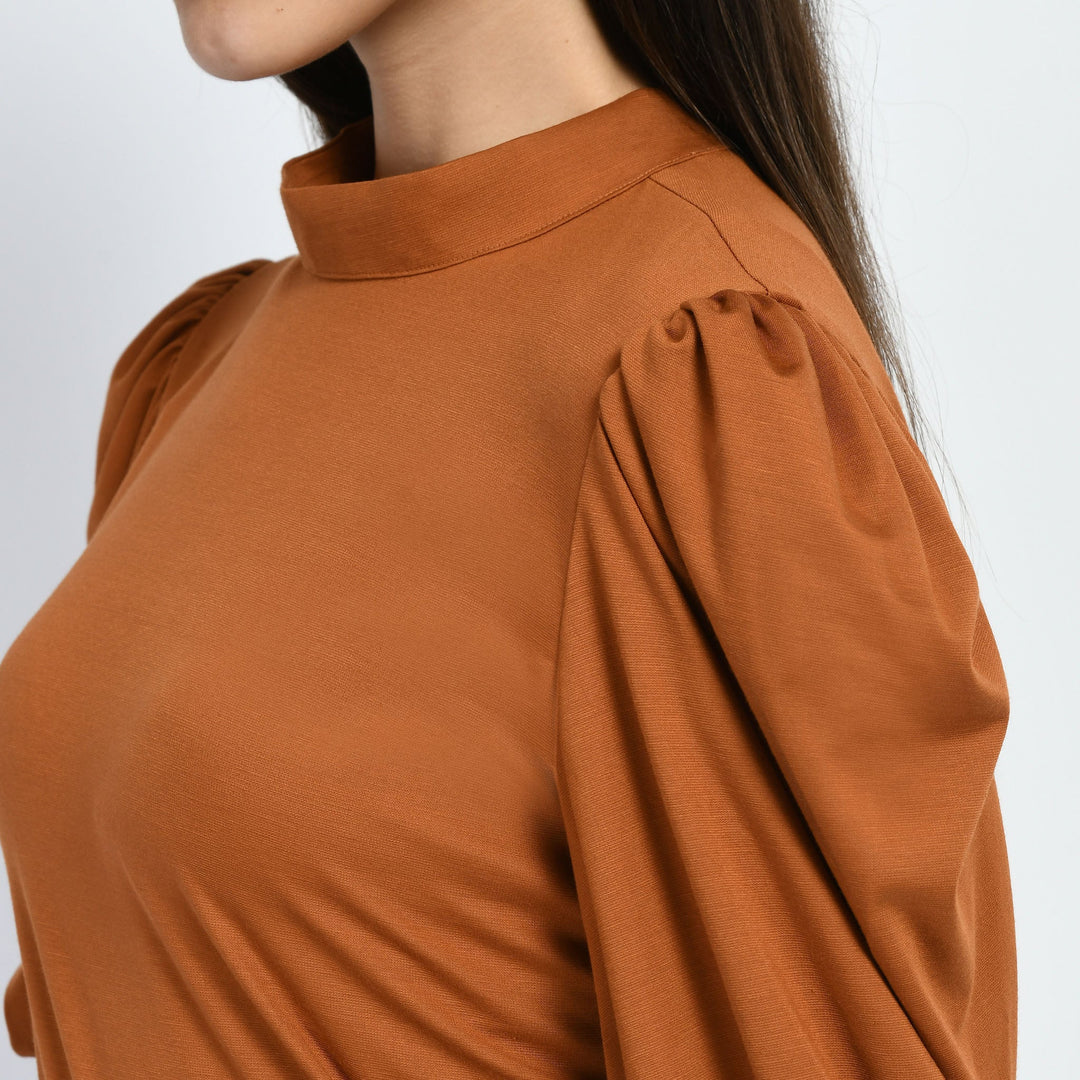 Tan-Brown-Cotton-Blend-Glamour-Puffed-Sleeves-T-Shirt