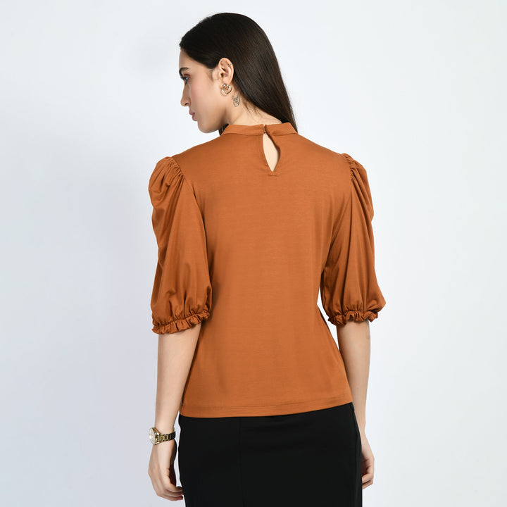 Tan-Brown-Cotton-Blend-Glamour-Puffed-Sleeves-T-Shirt