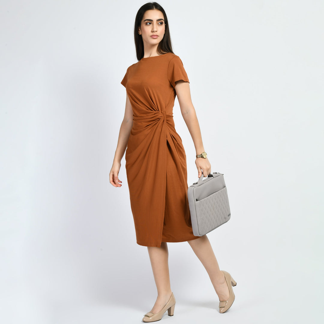 Tan-Brown-Cotton-Blend-Luminosity-Side-Knot-Wrap-Dress