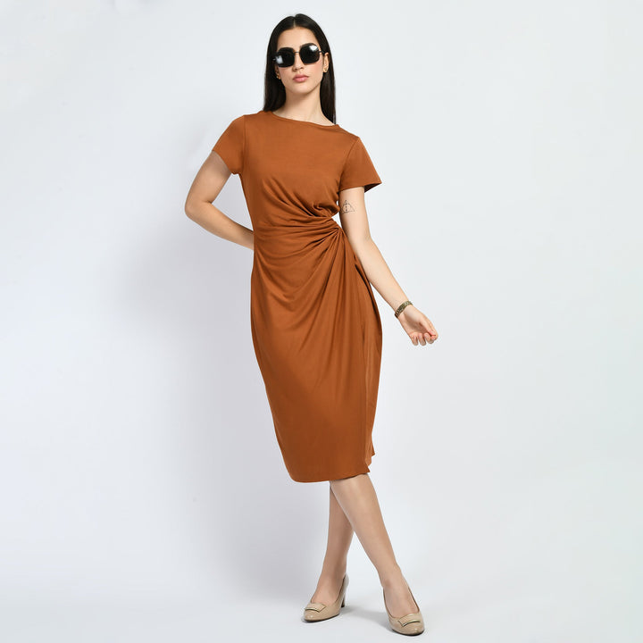 Tan-Brown-Cotton-Blend-Luminosity-Side-Knot-Wrap-Dress