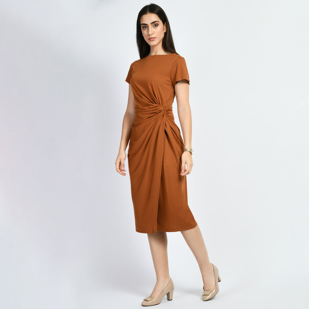 Tan-Brown-Cotton-Blend-Luminosity-Side-Knot-Wrap-Dress