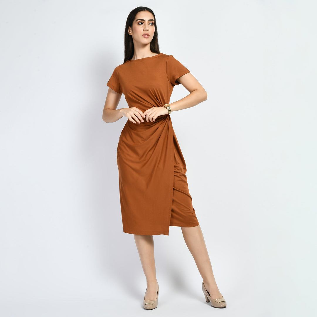 Tan-Brown-Cotton-Blend-Luminosity-Side-Knot-Wrap-Dress