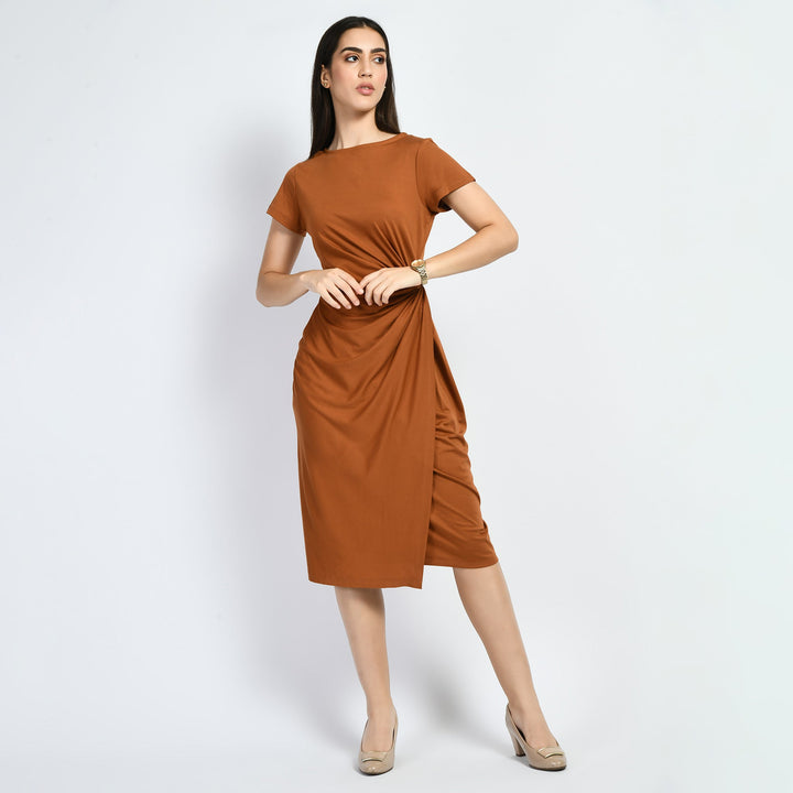 Tan-Brown-Cotton-Blend-Luminosity-Side-Knot-Wrap-Dress