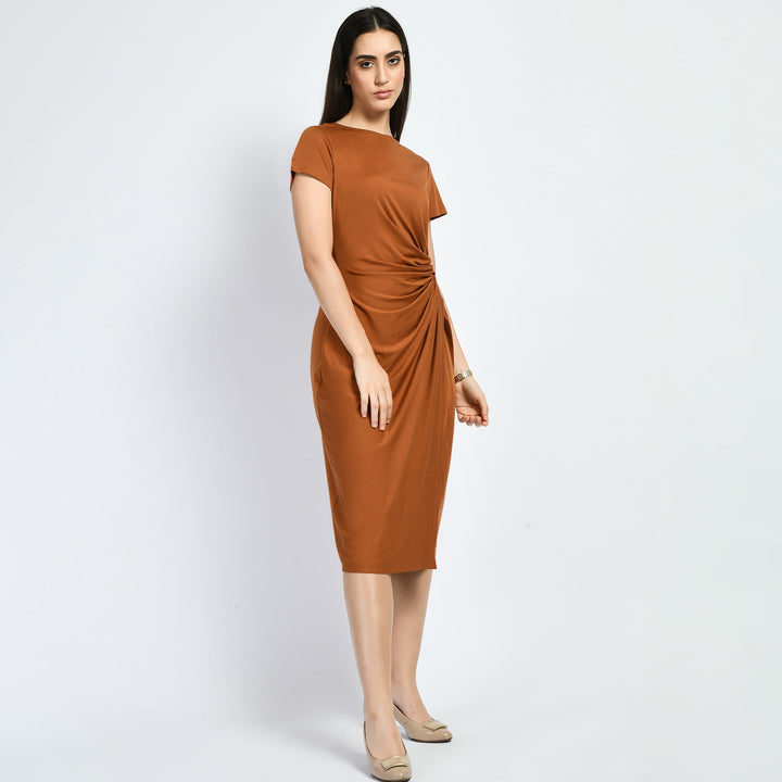 Tan-Brown-Cotton-Blend-Luminosity-Side-Knot-Wrap-Dress