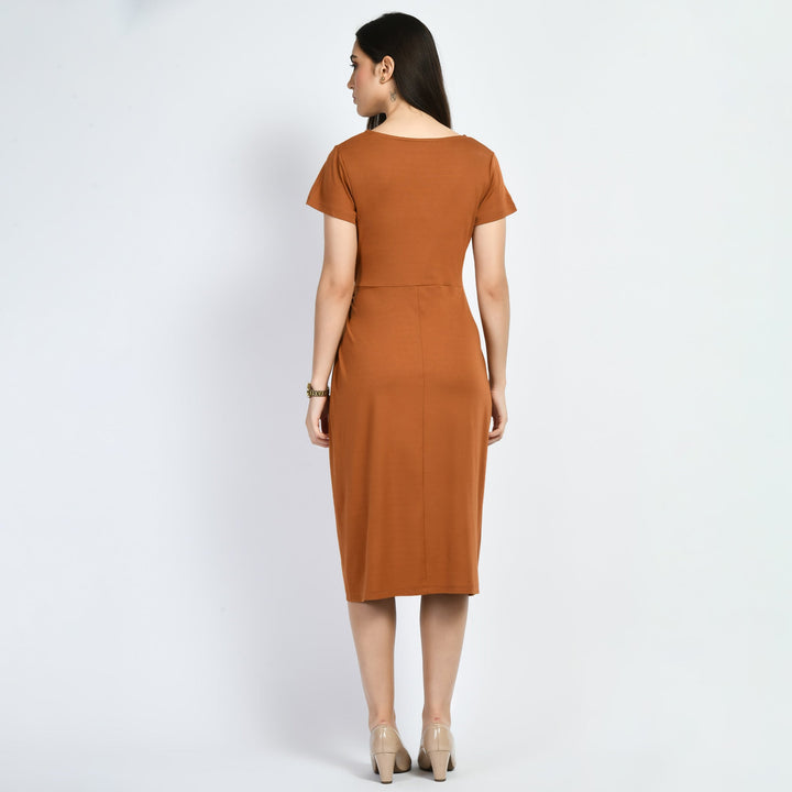 Tan-Brown-Cotton-Blend-Luminosity-Side-Knot-Wrap-Dress