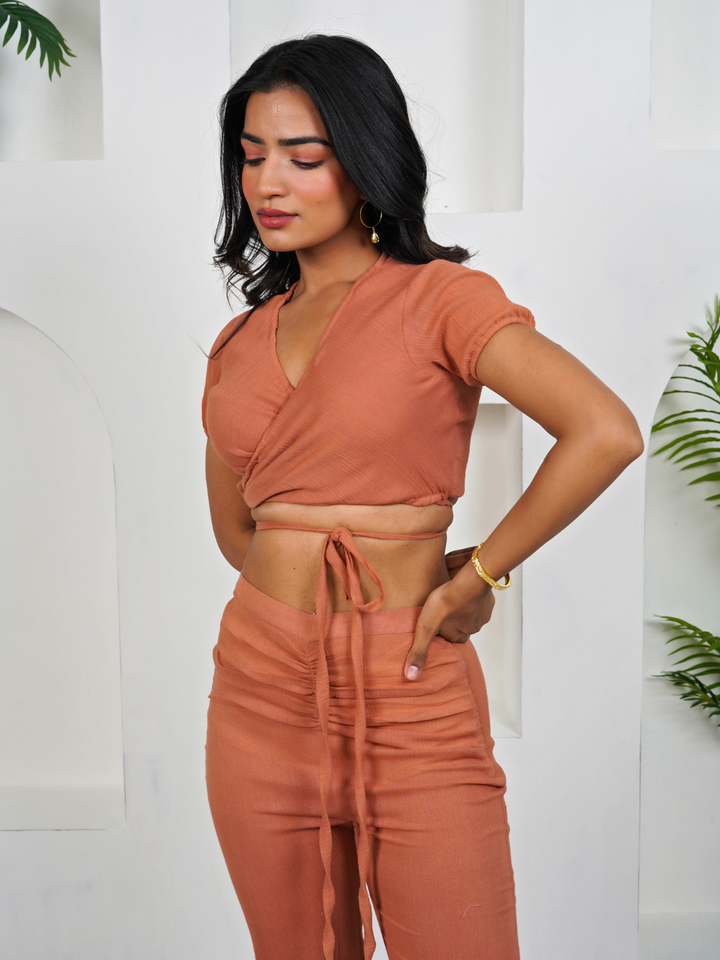 Tan-Brown-Crushed-Cotton-V-Neck-Top