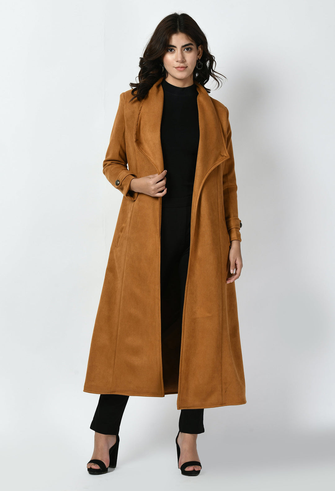 Tan-Cotton-Blend-Dedication-Suede-Leather-Long-Wrap-Coat