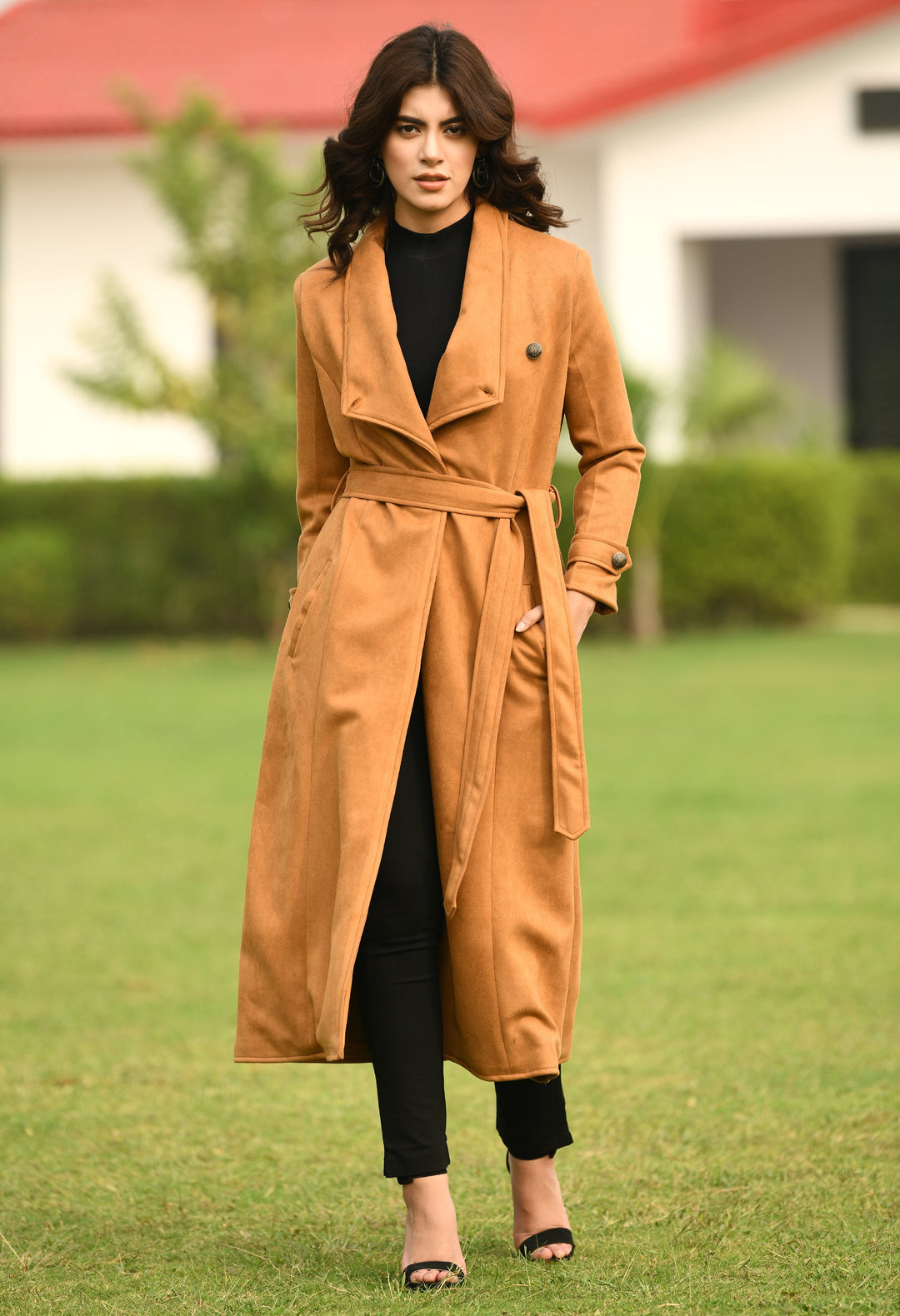 Tan-Cotton-Blend-Dedication-Suede-Leather-Long-Wrap-Coat