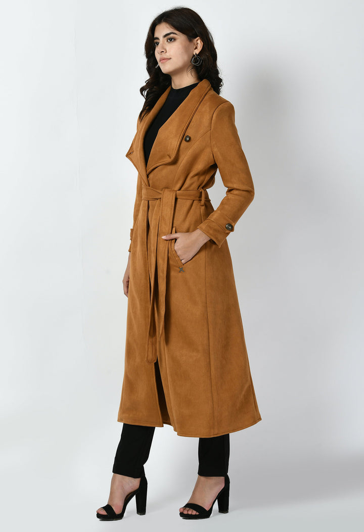 Tan-Cotton-Blend-Dedication-Suede-Leather-Long-Wrap-Coat