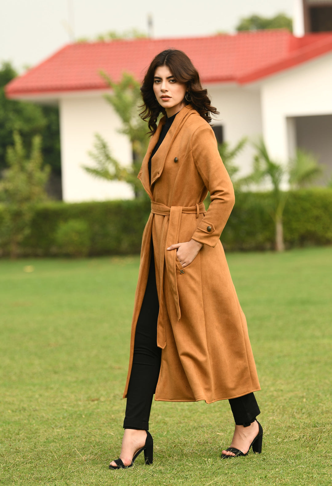 Tan-Cotton-Blend-Dedication-Suede-Leather-Long-Wrap-Coat