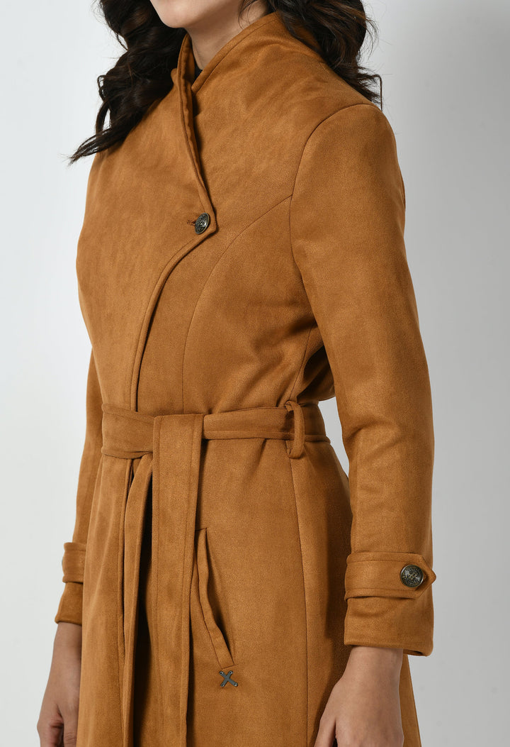 Tan-Cotton-Blend-Dedication-Suede-Leather-Long-Wrap-Coat