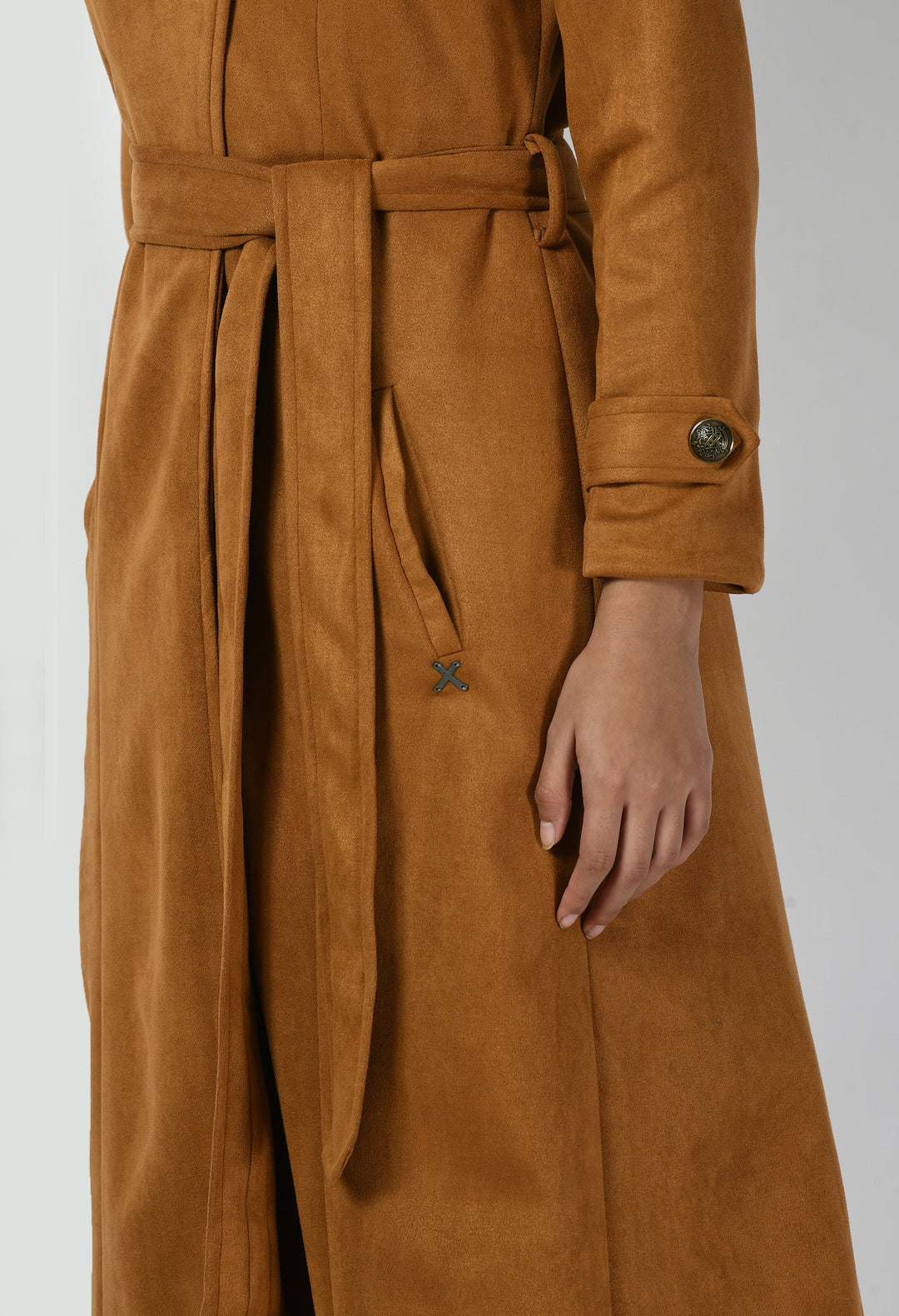 Tan-Cotton-Blend-Dedication-Suede-Leather-Long-Wrap-Coat