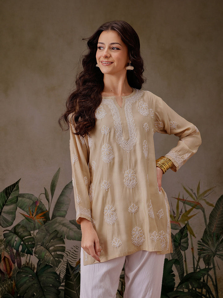Light-Brown-Chanderi-Lucknowi-Chikankari-Short-Kurta-ONLY