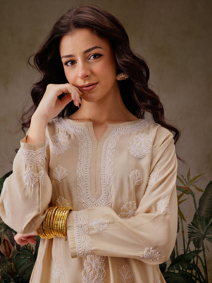 Light-Brown-Chanderi-Lucknowi-Chikankari-Short-Kurta-ONLY