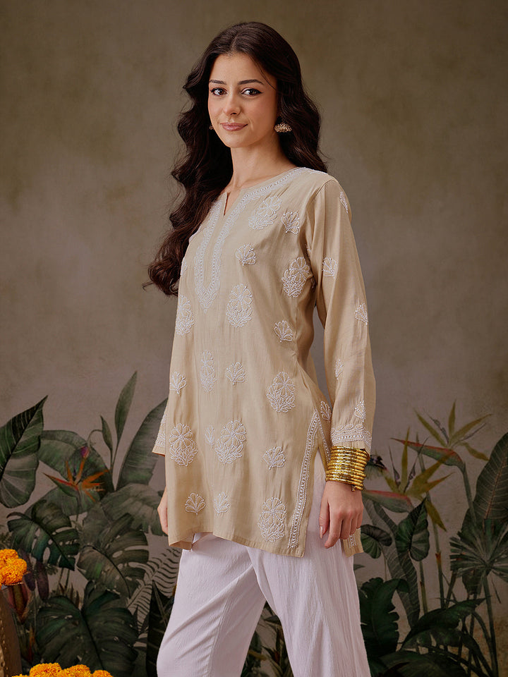 Light-Brown-Chanderi-Lucknowi-Chikankari-Short-Kurta-ONLY
