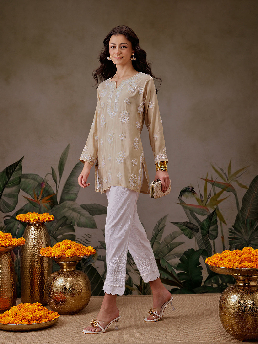 Light-Brown-Chanderi-Lucknowi-Chikankari-Short-Kurta-ONLY