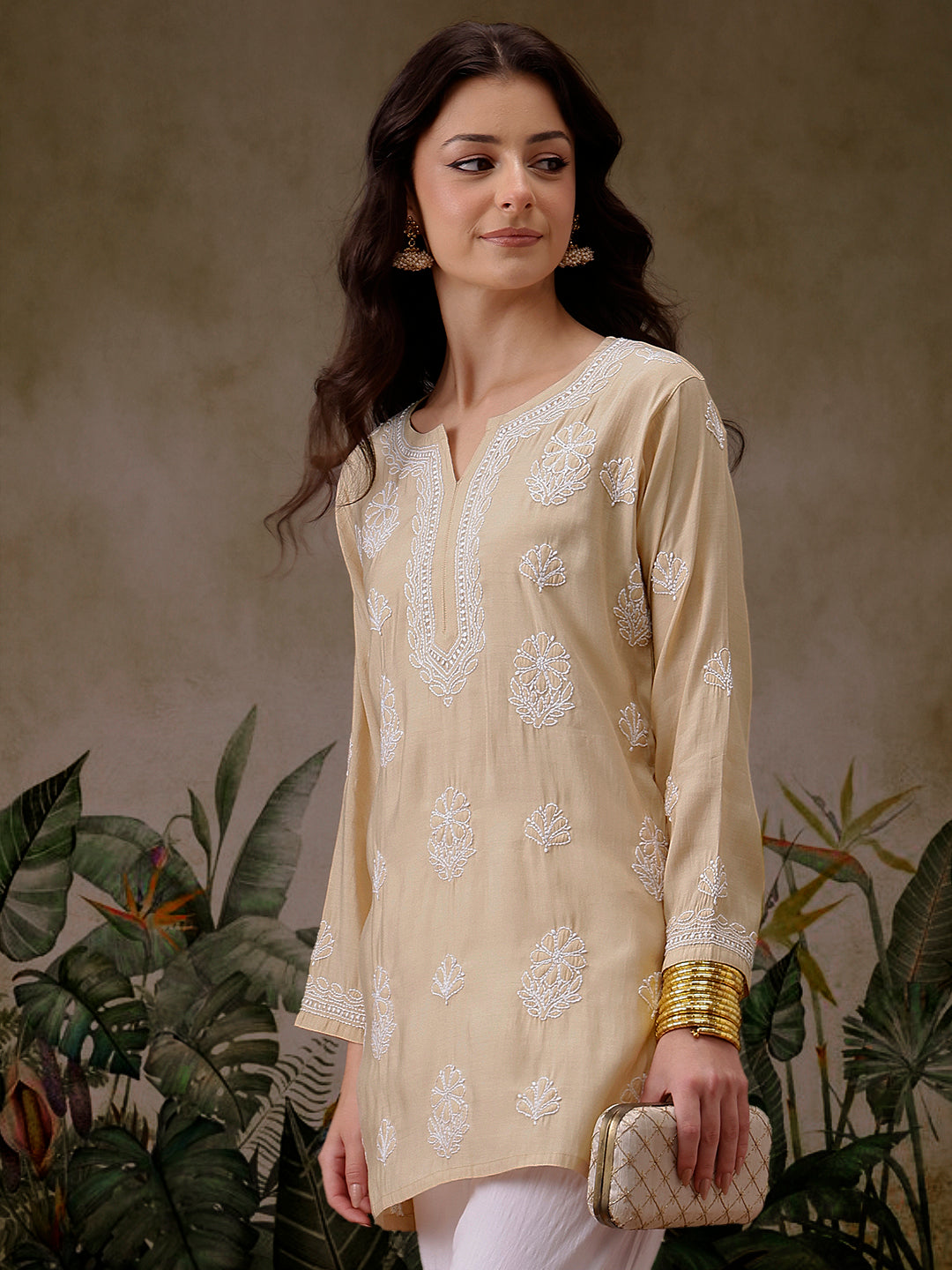 Light-Brown-Chanderi-Lucknowi-Chikankari-Short-Kurta-ONLY