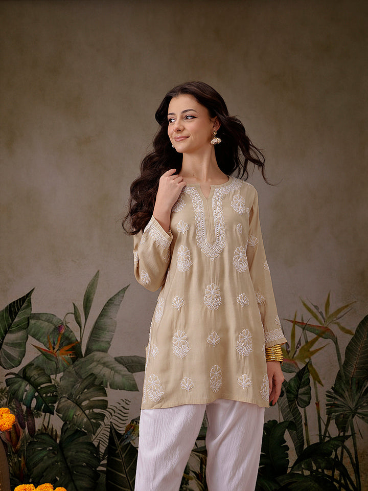 Light-Brown-Chanderi-Lucknowi-Chikankari-Short-Kurta-ONLY