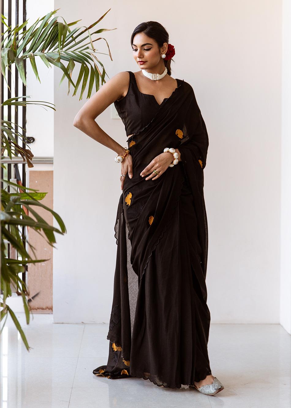 Tara-Black-Embossed-Embroidered-Pre-Draped-Saree