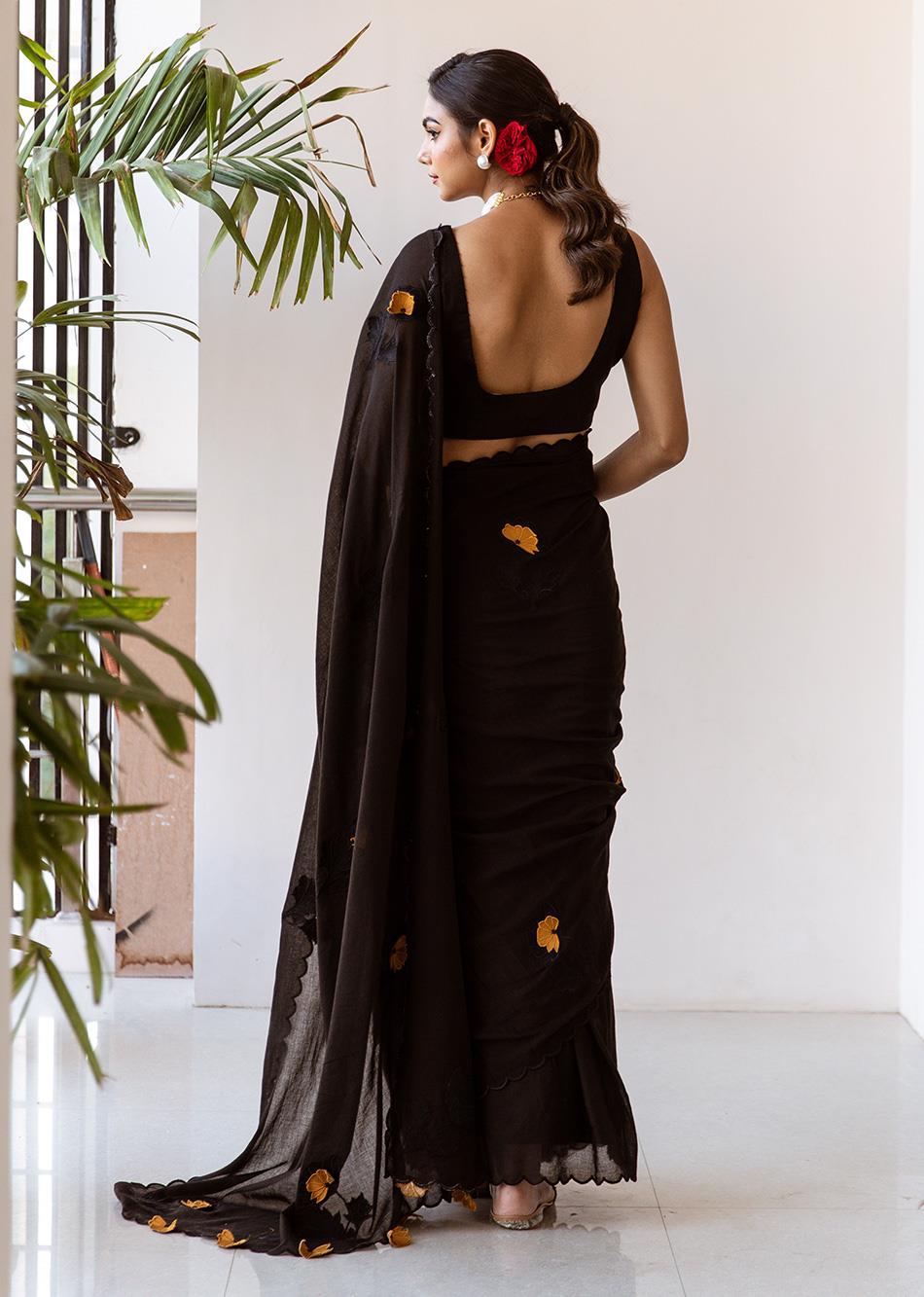 Tara-Black-Embossed-Embroidered-Pre-Draped-Saree