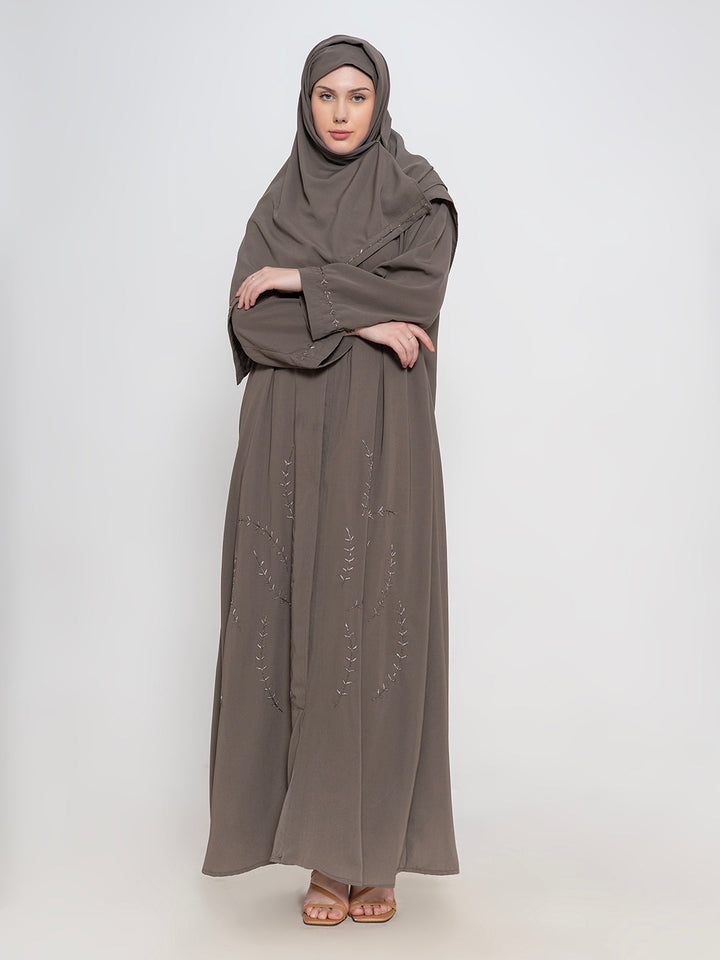 Taupe-100%-Polyester-Embroidered-Abaya-With-Scarf