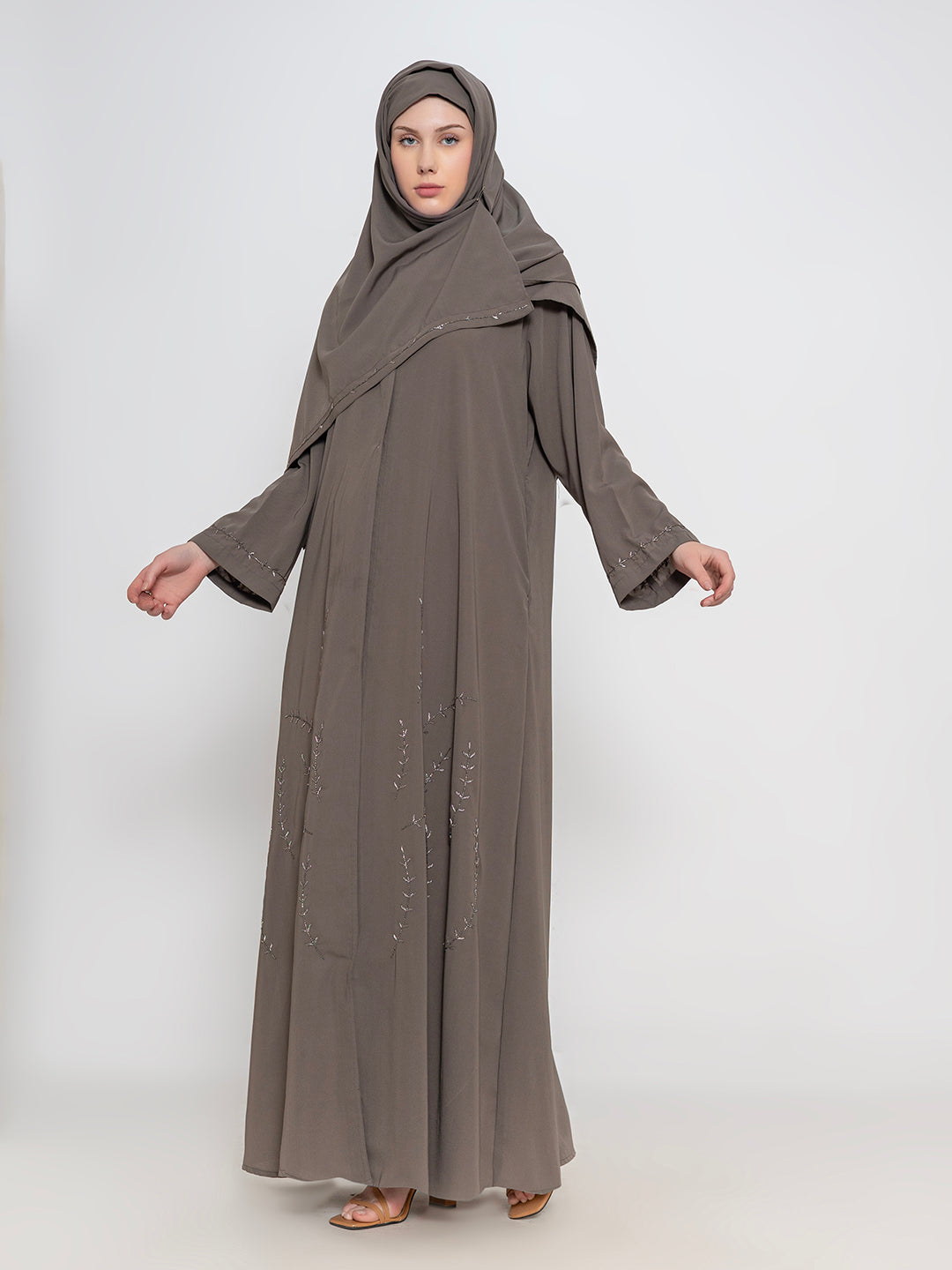Taupe-100%-Polyester-Embroidered-Abaya-With-Scarf