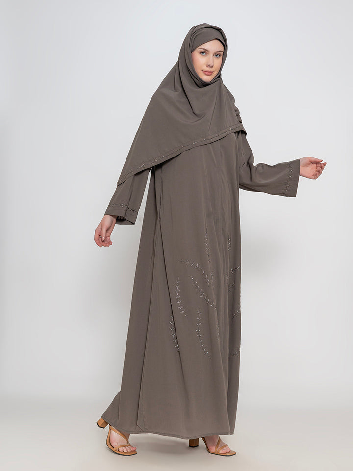 Taupe-100%-Polyester-Embroidered-Abaya-With-Scarf