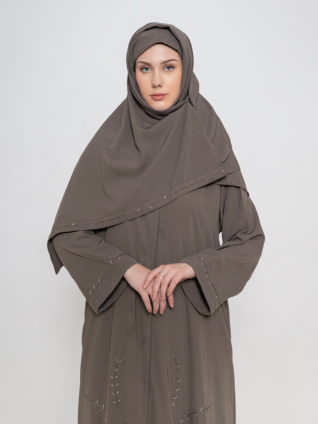Taupe-100%-Polyester-Embroidered-Abaya-With-Scarf
