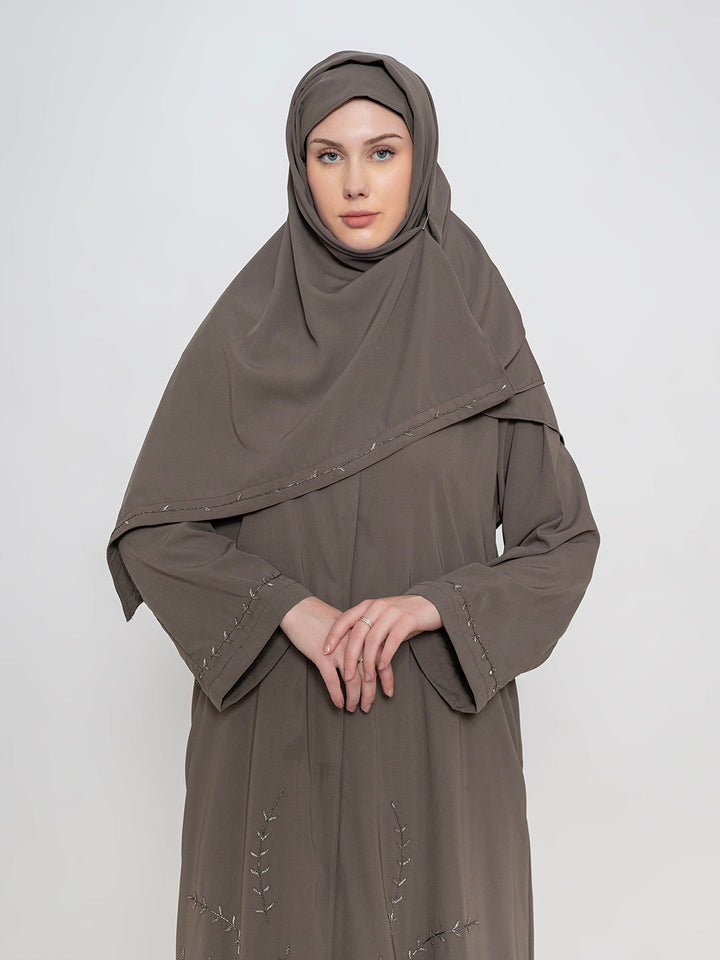 Taupe-100%-Polyester-Embroidered-Abaya-With-Scarf