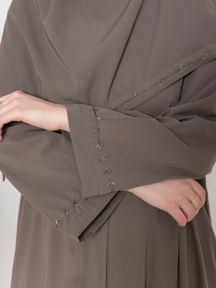 Taupe-100%-Polyester-Embroidered-Abaya-With-Scarf