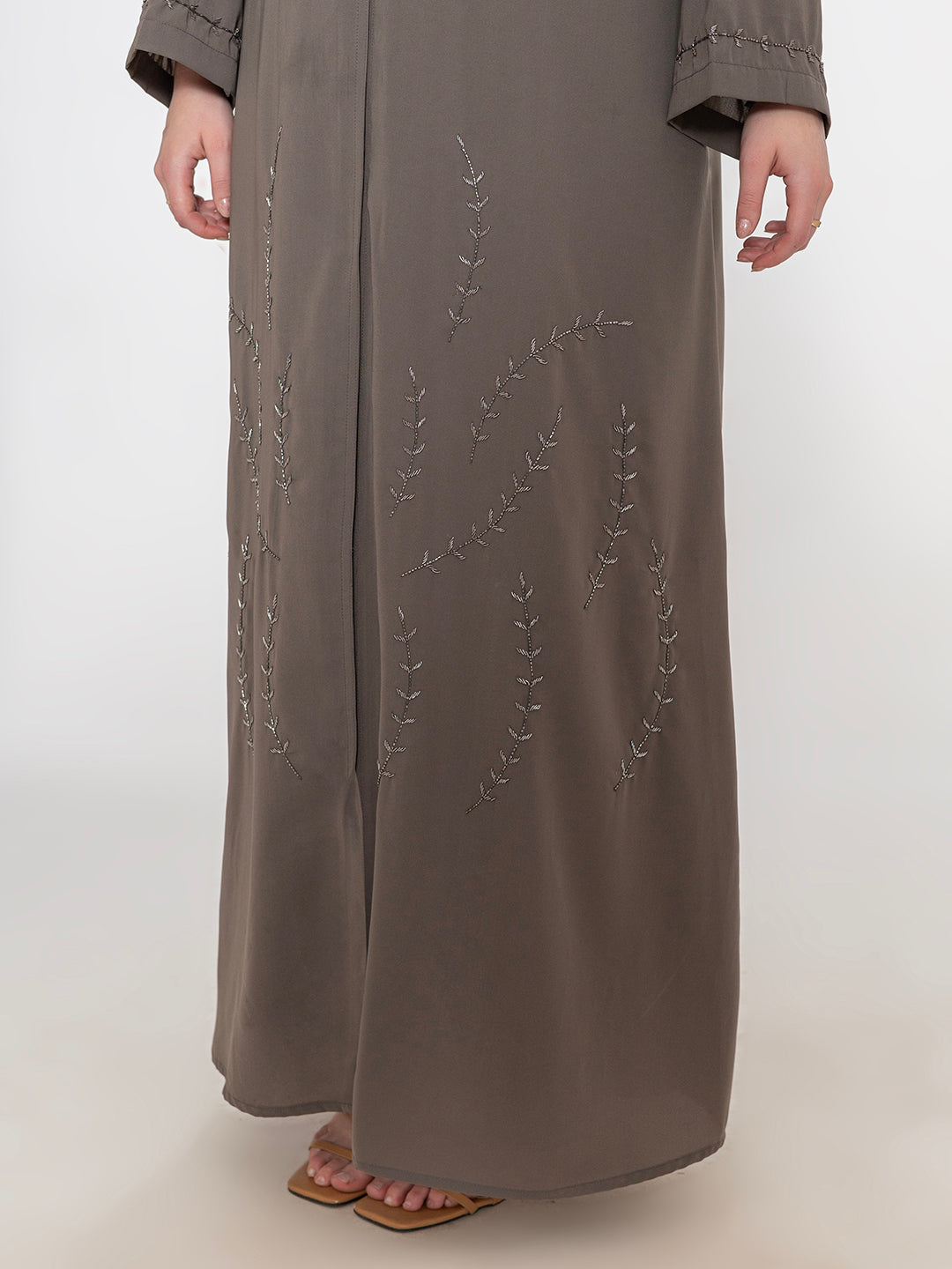 Taupe-100%-Polyester-Embroidered-Abaya-With-Scarf