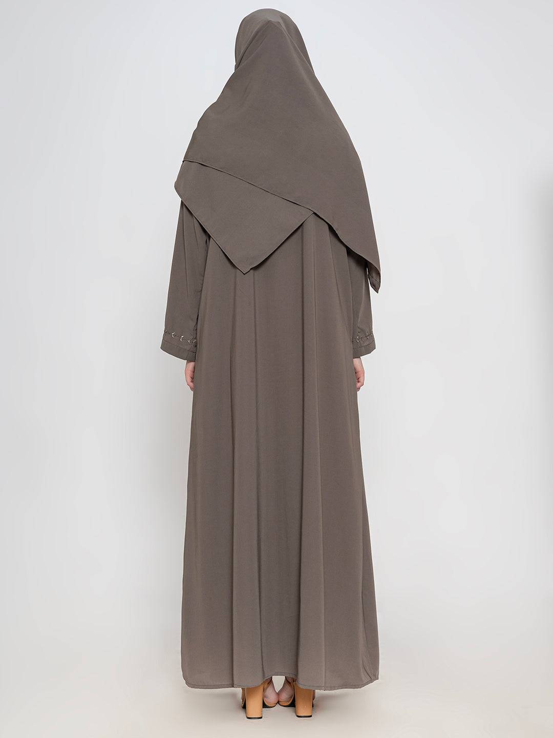 Taupe-100%-Polyester-Embroidered-Abaya-With-Scarf
