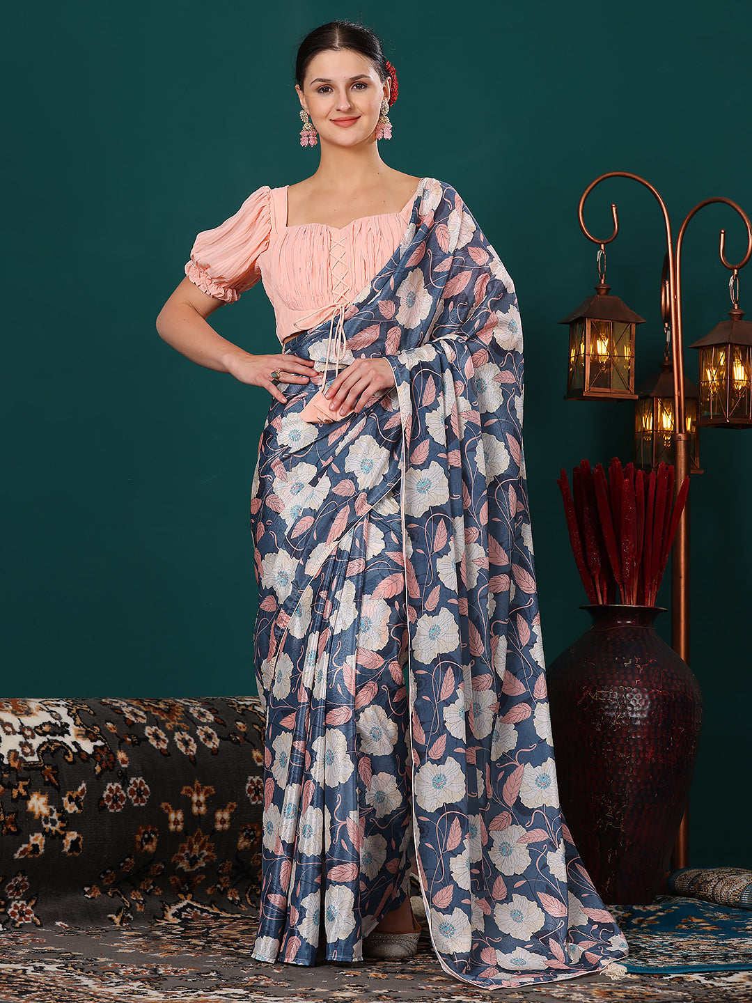 Teal-Blue-Chinon-Digital-Printed-Saree-With-Blouse