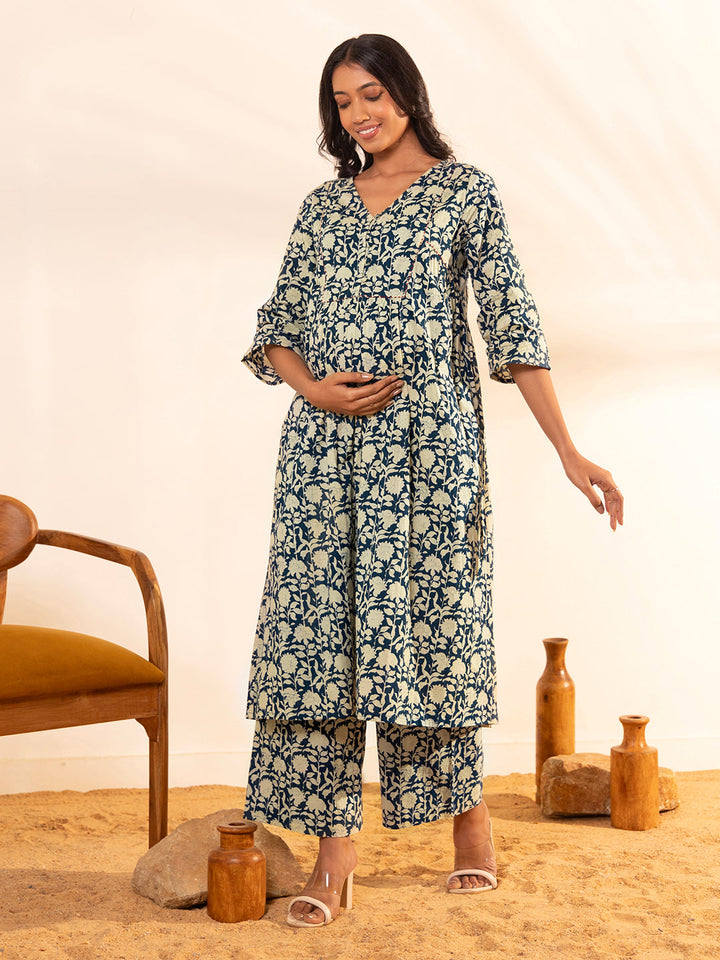 Teal-Blue-Cotton-Floral-Printed-A-Line-2-Piece-Kurta-Set