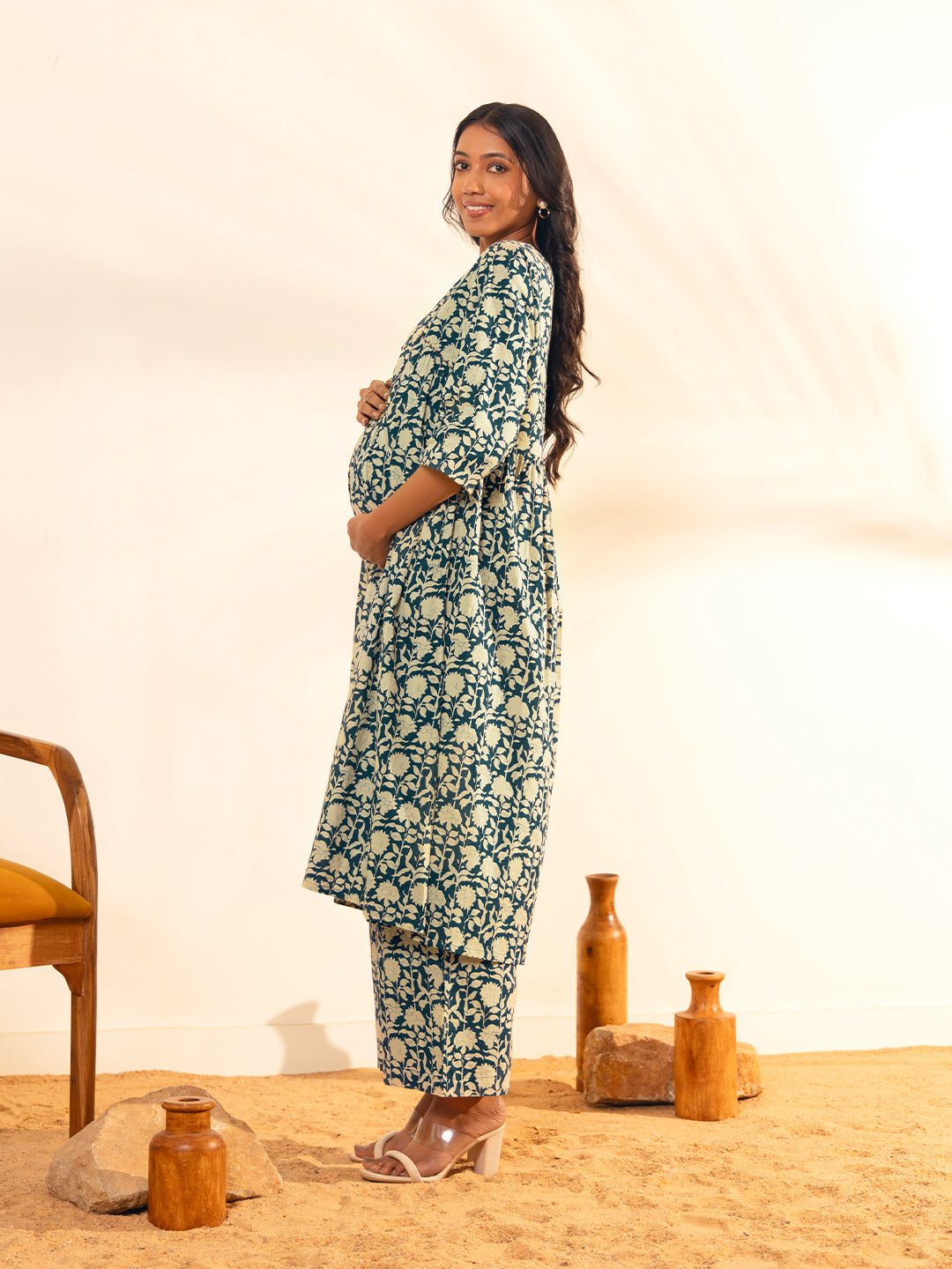 ZERESOUQ-Teal-Blue-Cotton-Floral-Printed-A-Line-2-Piece-Kurta-Set