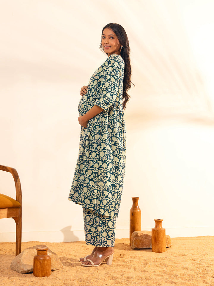 ZERESOUQ-Teal-Blue-Cotton-Floral-Printed-A-Line-2-Piece-Kurta-Set