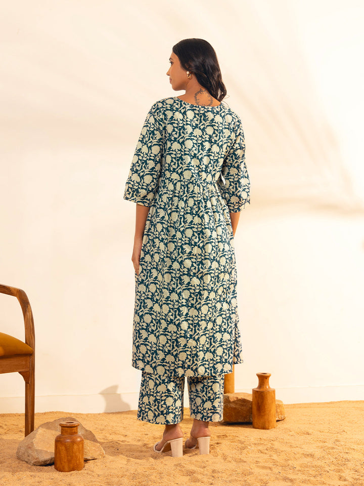 Teal-Blue-Cotton-Floral-Printed-A-Line-2-Piece-Kurta-Set