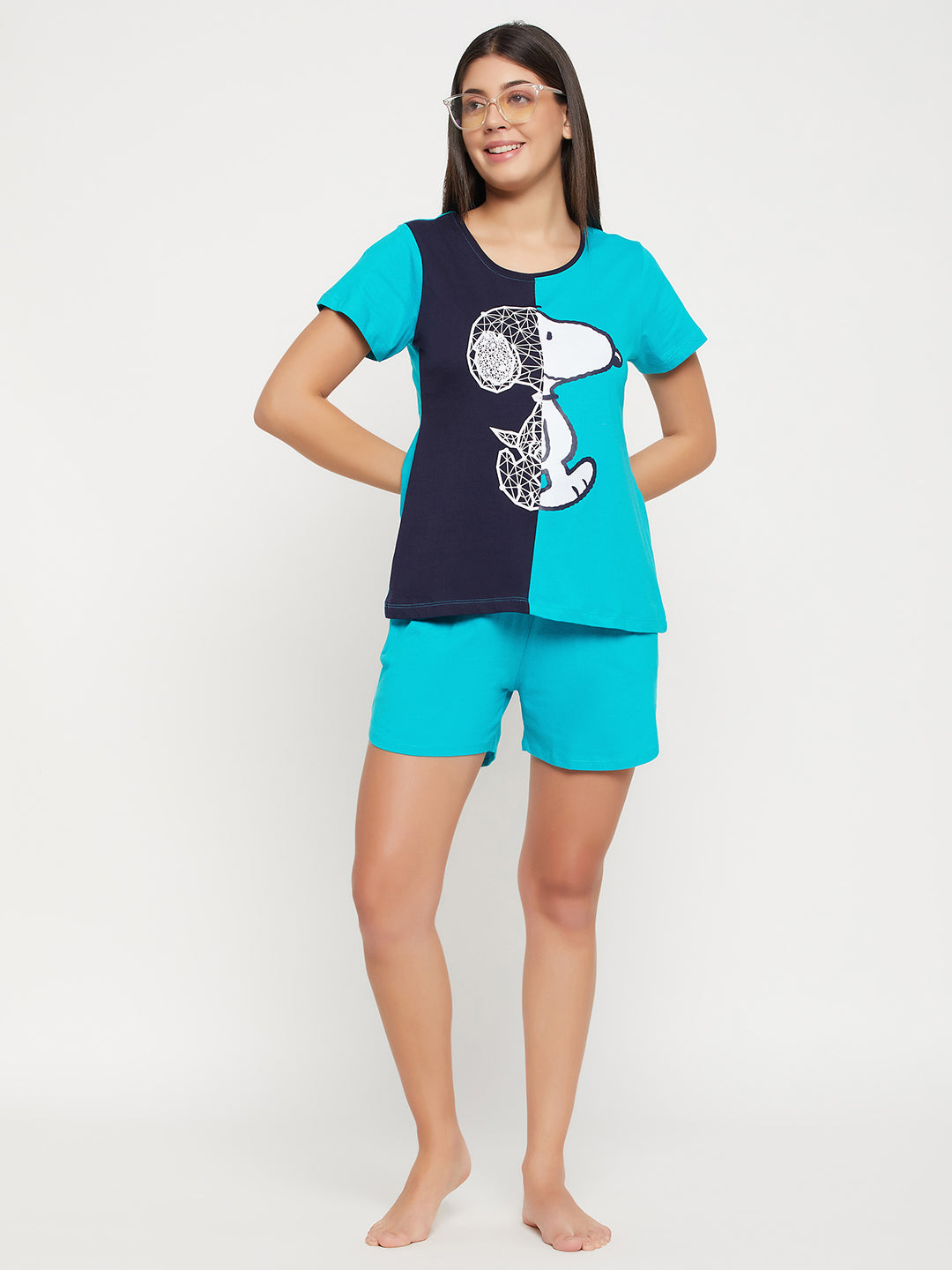 Teal-Blue-Cotton-Peanut-Print-Top-&-Chic-Basic-Shorts-Set