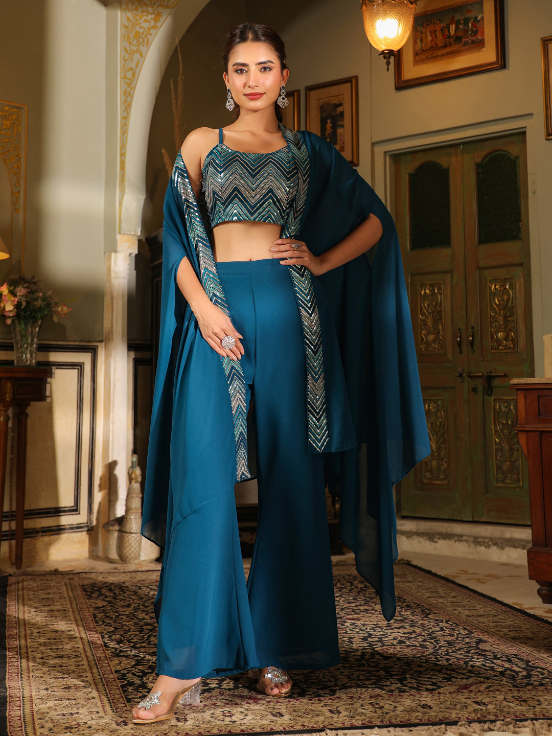 ZERESOUQ-Teal-Blue-Georgette-Embroidered-Designer-Co-Ord-Set